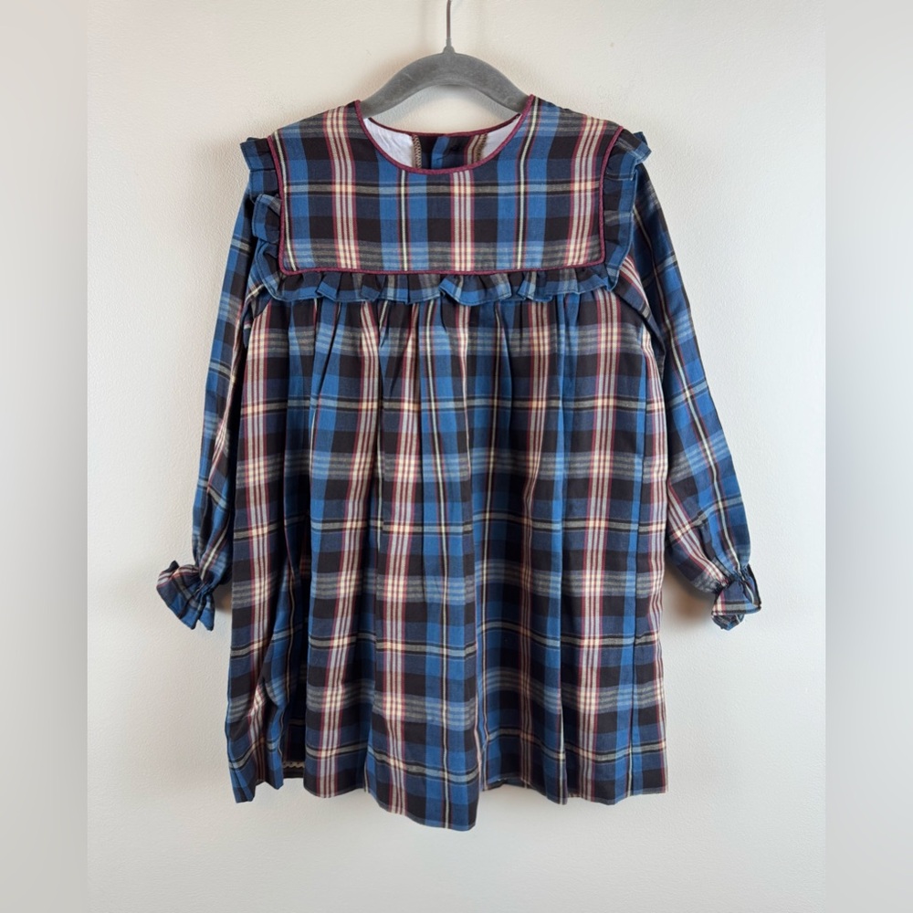 Girls Blue Plaid Ruffle Yoke Dress